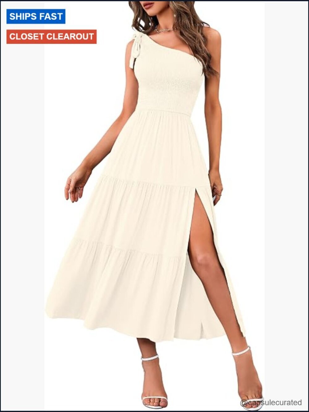 Sleeveless One Shoulder Midi Dress with Knot Smocked Split